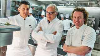 Alain Ducasse in the kitchen at The Dorchester with executive chef Jean-Philippe Blondet and Tom Kitchin