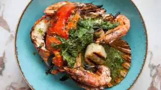 Roasted platter of British Isles shellfish with sea vegetables, herb and lemon