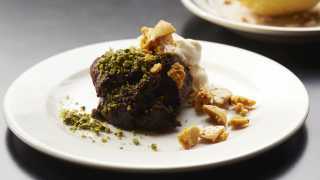 Chocolate cake with honeycomb and crushed pistachios from Rotorino, Dalston