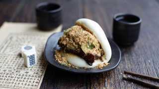 Mr Bao bun: slow braised flock & herd pork, pickles and peanut powder