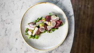 Salt beef cheek with wafer-thin, peppery pickled radishes on toasted sourdough from The Ninth