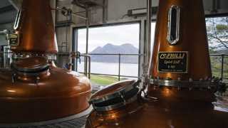 The view from the still room at Raasay Distillery in Scotland