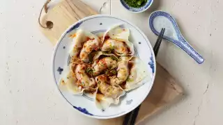 Pork and prawn wontons with black vinegar and chilli oil