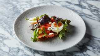 Cured salmon, soured cream, soft-boiled egg and rye at Lino, Clerkenwell
