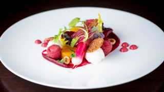 Heritage beetroot & whipped goats' cheese salad with raspberry and gingerbread crisp