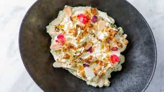 Makhan malai, saffron milk, rose petal jaggery brittle, almonds