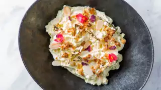 Makhan malai, saffron milk, rose petal jaggery brittle, almonds