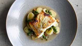 Cod 'chowder' with mussels, leeks, bacon and lovage