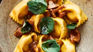 Sweetcorn agnolotti with girolles and nasturtium leaves at 10 Heddon Street in Mayfair