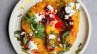 Pumpkin tirshy, feta, preserved lemon and harissa