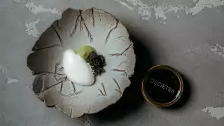 Avocado, burnt cream ice cream, oscietra caviar at Da Terra