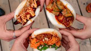 best places to eat vegan food in london, kimchi bao, lemongrass bao and Korean fried tofu bao at Mooshies