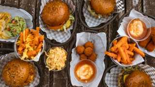 best places to eat vegan food in london, coleslaw, nachos, cheese sticks and burgers at Mooshies