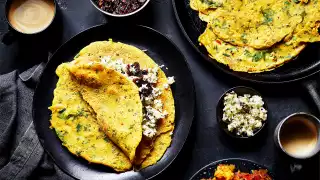 Spiced crêpes with coconut chutney and sweet onion chutney