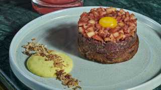 Ox Heart Tartar, Spiced Quince and a Cured Blue Hen Egg