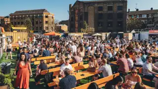 Drinking beer in the garden at the Pressure Drop brewery taproom in Tottenham, London