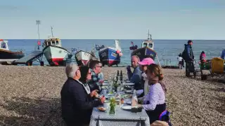 Eating mackerel on the beach at Beer hosted by Glebe House, Devon
