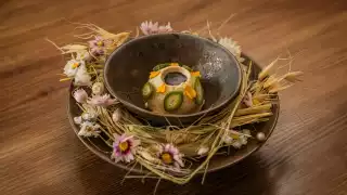 Halva with pickled almonds