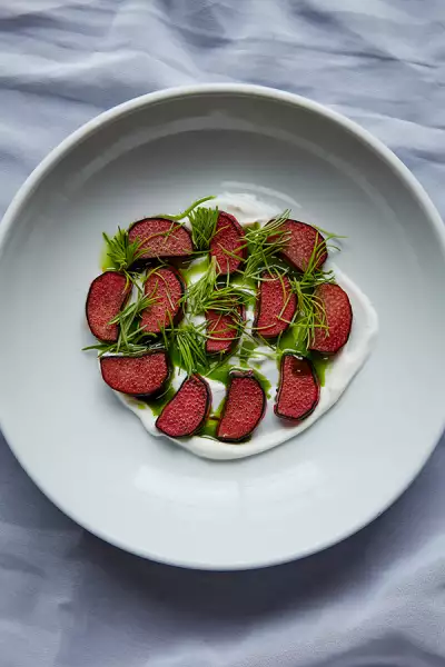 Rhubarb, fresh spruce and yoghurt