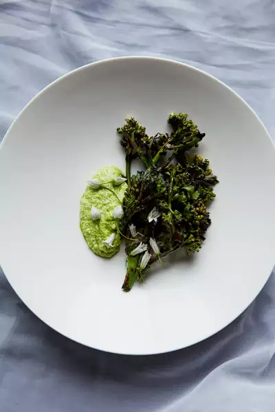 Chargrilled sea kale dressed in waste vegetable treacle and wild garlic