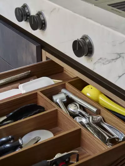 Drawers in Andrew Wong's custom-designed kitchen