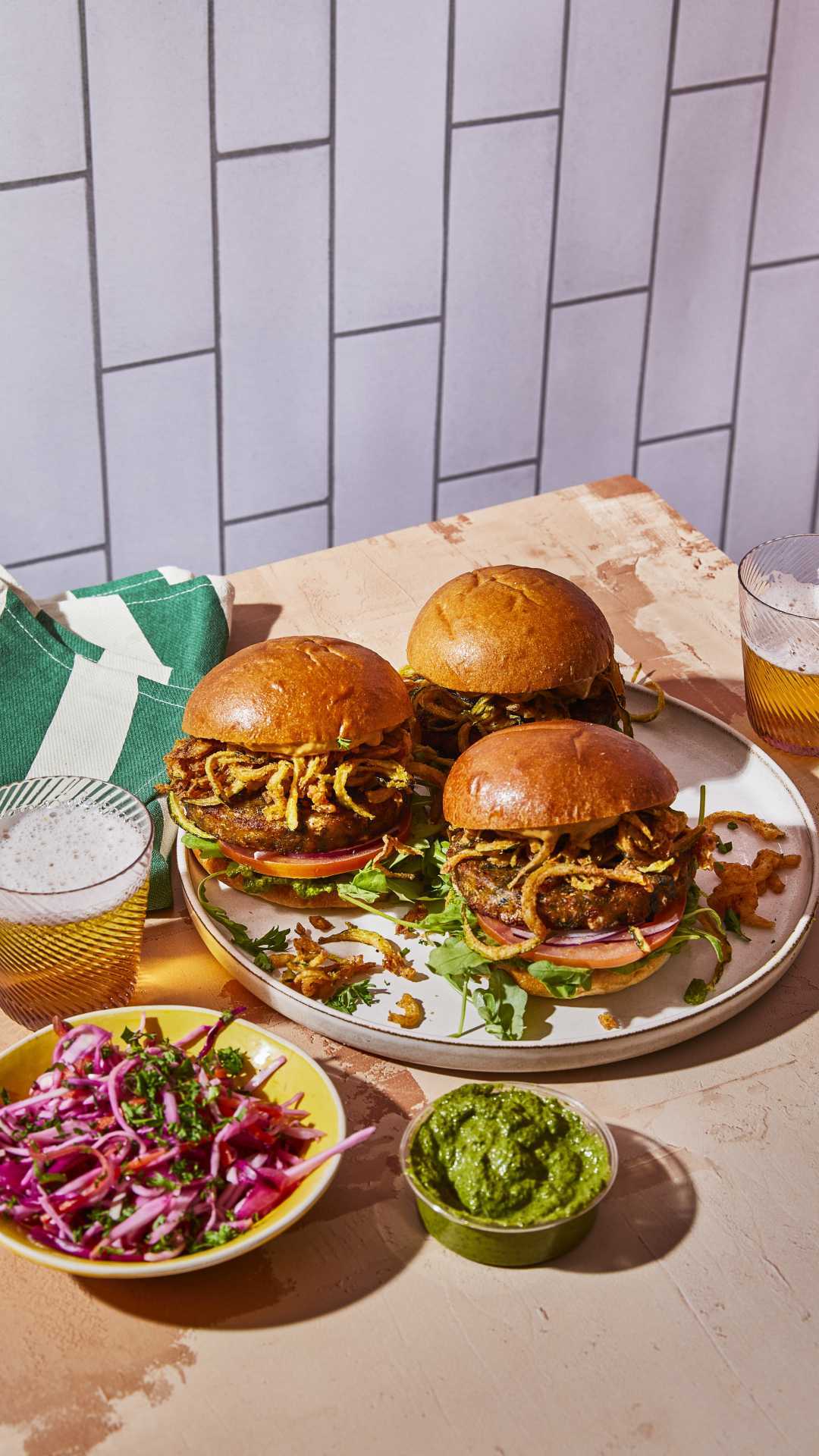 Smash Burgers with red cabbage slaw and beer