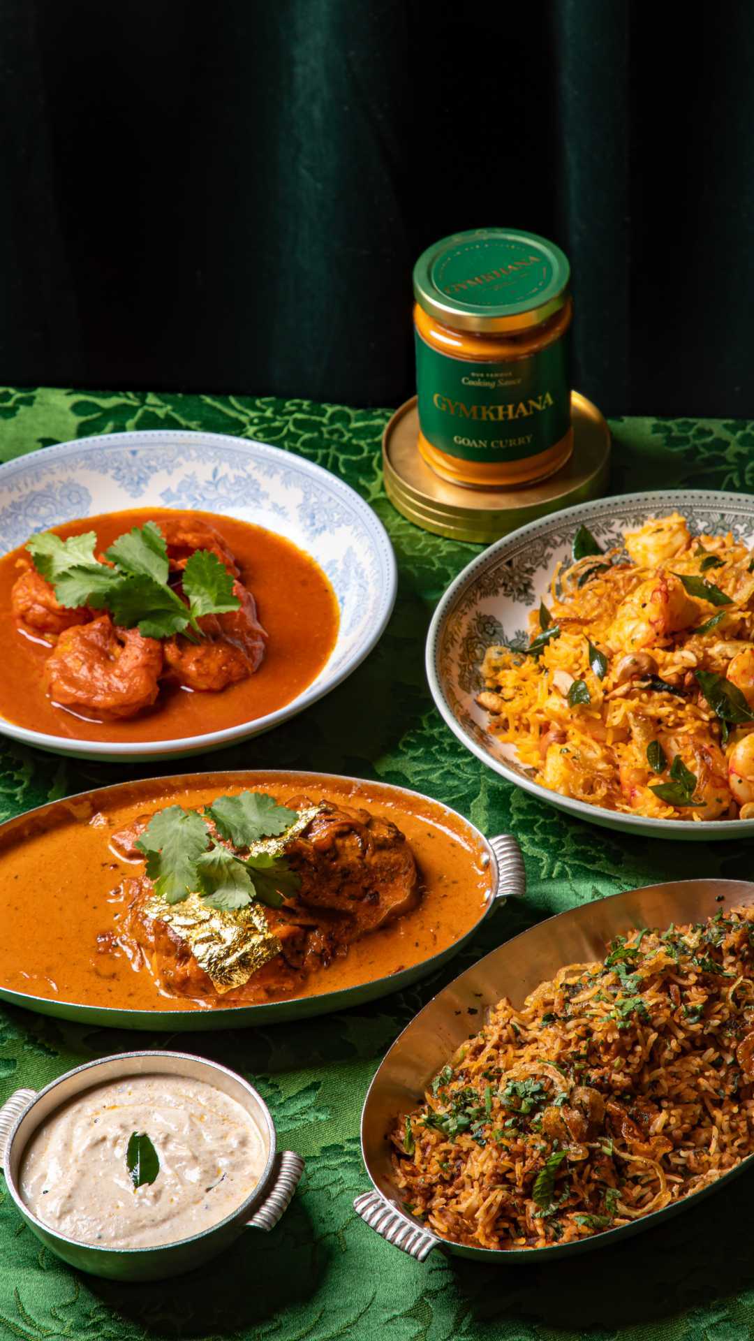 A spread of curries made using the new range of Indian pantry staples from Gymkhana Fine Foods