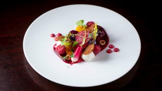 Heritage beetroot & whipped goats' cheese salad with raspberry and gingerbread crisp and Quaglino's