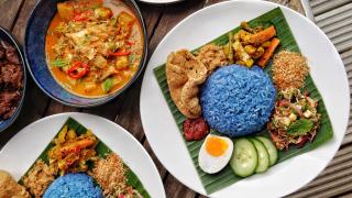 Blue pea flower and herb rice (Nasi-Kerabu) with skate curry