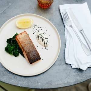 Chalk stream trout with spinach and aioli