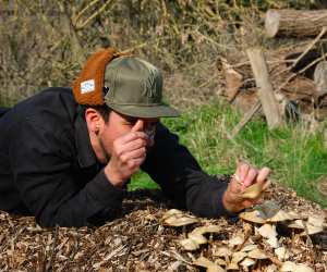 Santiago Lastra inspecting a wild mushroom in Kent