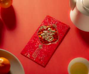 Chinese New Year still life with red envelope Ang Pao