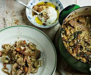 Tom Hunt's broad bean and lamb pilaf with seasoned yoghurt