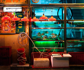 Fish tanks and lights outside one of Macau's seafood restaurants