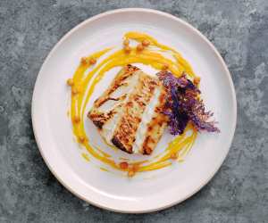 Michel Roux Jr's miso-glazed Skrei, carrot and ginger purée and crispy kale