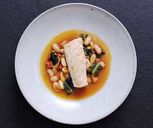Stewed Skrei with cannellini beans and chorizo