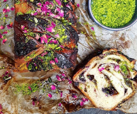 The Good Egg's Syrian peanut butter and jelly babka with rose petals and pistachio. Photograph: @clerkenwellboyec1