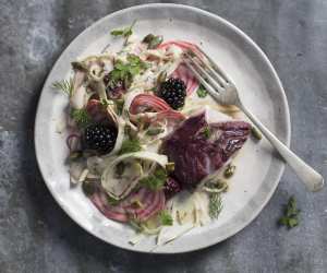Make Rosie Birkett's blackberry cured cod, fennel and candy beet remoulade; photograph: Jason Bailey