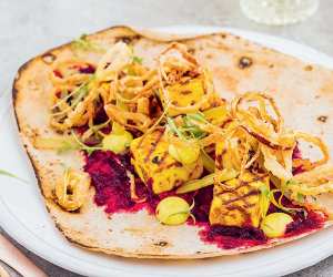Make Le Bab's paneer kebab with beetroot purée, pickled chard and crispy shallot rings
