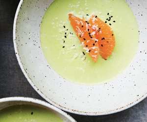 Bäco's creamy romanesco soup with grapefruit, nigella, and fresh horseradish; photography by Dylan + Jeni