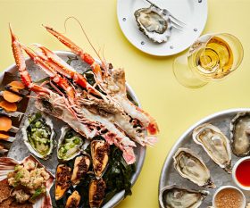 Seafood platter and kumamoto, wild blackwater and Morecambe-bay oysters-with dashi; photograph by Steven Joyce