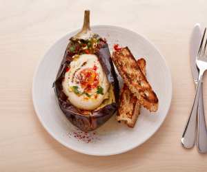 Honey & Smoke: aubergine with tahini and burnt egg yolk. Patricia Niven