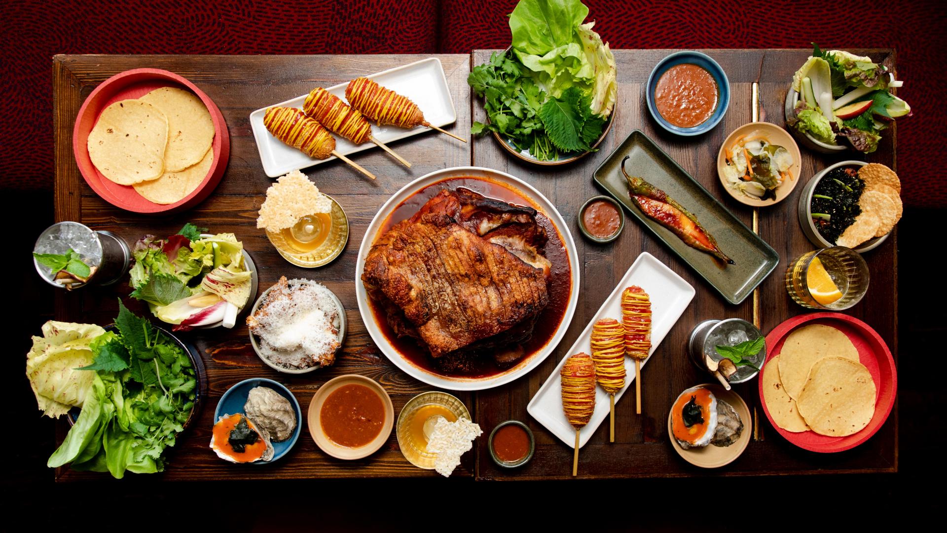 Best brunch London: Korean Dinner Party's bottomless brunch spread with the iconic KDP corn dogs