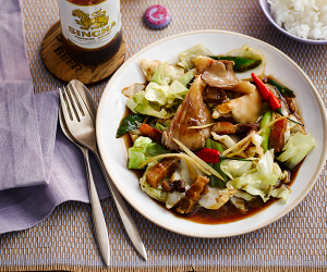 Andy Oliver's stir-fried hispi cabbage with oyster mushrooms and pork