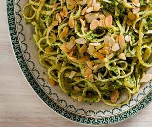 A recipe for almond and courgette pesto linguine from The Silver Spoon's Naples and the Amalfi Coast; photography Simon Bajada