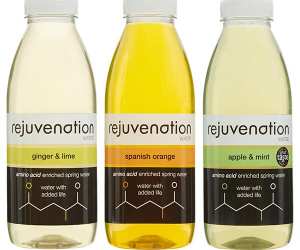 Bottles of Rejuvenation water amino acid-enriched drink