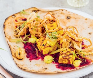 Make Le Bab's paneer kebab with beetroot purée, pickled chard and crispy shallot rings