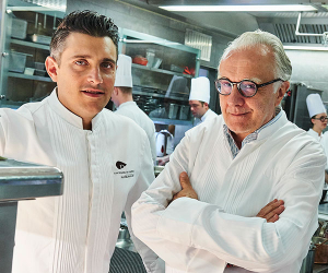 Alain Ducasse in the kitchen with executive chef Jean-Phillippe Blondet