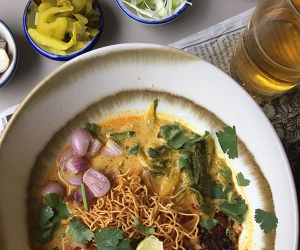 Khao soi gai, a huge, turmeric-yellow curried coconut noodle soup from Chiang Mai