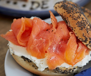 Salmon and cream cheese bagel from De Beauvoir Deli